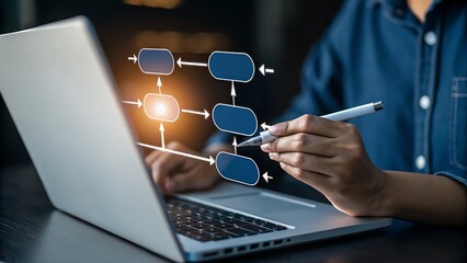 Person using a stylus on a laptop to interact with a glowing digital flowchart