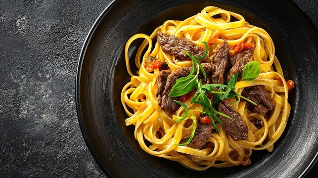 pasta linguine with fried beef - Powered by Adobe