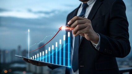 Businessman analyzing upward trending financial graph on tablet with city skyline background