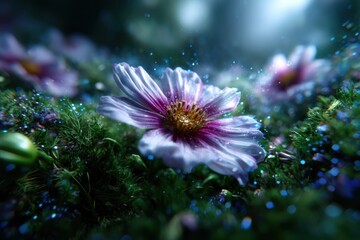 Purple flower blooming amidst lush greenery under soft light in a serene environment