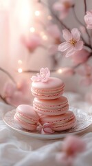 Pink Macarons on Decorative Plate with Cherry Blossom Branches in Soft Lighting