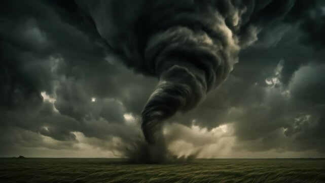 Dramatic video still of a tornado from a low-angle perspective, capturing the swirling storm clouds and intense energy of the natural phenomenon. Live desktop wallpaper.