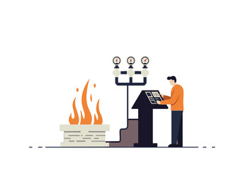 A man monitors a complex industrial control panel with flames visible, emphasizing careful management and potential risk. Clean, modern illustration style.