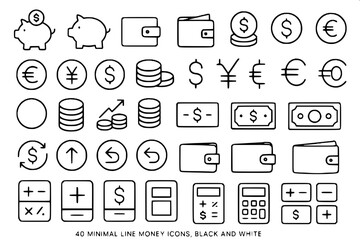 "40 minimal line money icons, black and white, including piggy banks, wallets, coins, and calculators, modern outline style, isolated on white background."