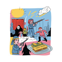 Cartoon Scene of People with Guns and Fried Tempeh.