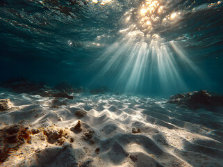 Underwater background with a deep blue sea and beautiful light rays on a sandy floor