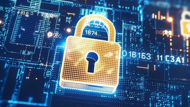 A computer screen with a large golden lock on it. The lock is surrounded by a blue background