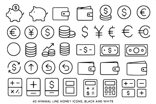 "40 minimal line money icons, black and white, including piggy banks, wallets, coins, and calculators, modern outline style, isolated on white background."