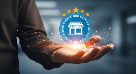 Person holding holographic store icon with five stars, representing top-rated online shopping or business success concept.