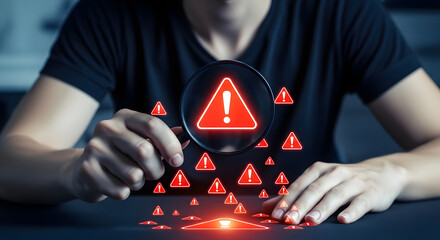 Person using magnifying glass to focus on red warning signs, symbolizing alert detection and critical issue identification.
