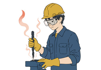 A young male worker in protective gear drills metal, creating steam. Industrial setting, focused action. Bright orange background.