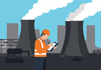 A worker monitors a power plant, recording data amidst industrial smoke. Clear composition, professional setting, highlighting environmental oversight.
