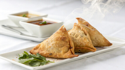 Photo of three golden brown samosas steam on a white plate garnished with cilantro and two small bowls of sauce