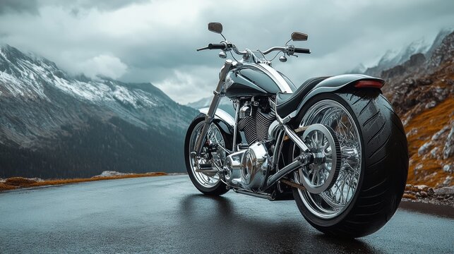 A beautiful vintage harley davidson chooper bike on the road with view of a beautilful mountains.