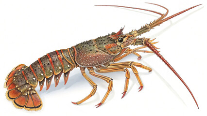 Photo of a spiny lobster is isolated on white background, showcasing its detailed texture and vibrant colors in a closeup view