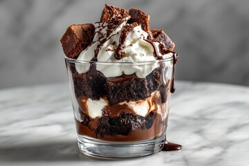 Chocolate Brownie Sundae with Fudge Sauce in Glass Coupe on Marble Surface