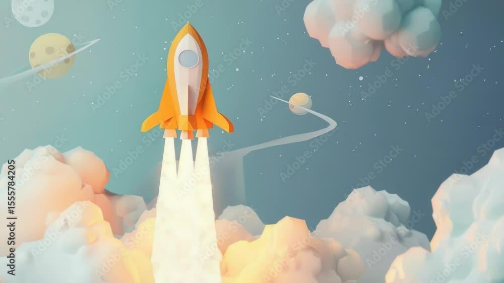 Aufkleber A rocket soaring through fluffy clouds with planets visible in the background