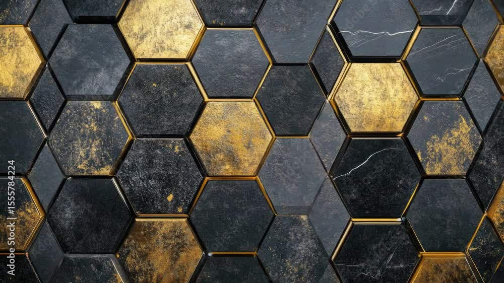 Poster hexagonal tiles on a dark background with golden accents