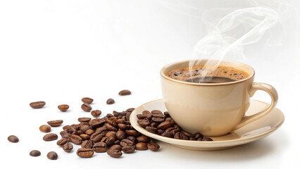 Obraz premium Photo of a warm cup of coffee with a beige saucer is presented with roasted coffee beans, isolated on white background