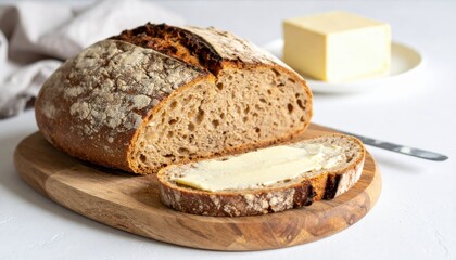 Rustic Whole Wheat Bread with Buttered Slice on Wooden Cutting Board &ndash; Homemade Artisan Loaf and Dairy Breakfast Concept
