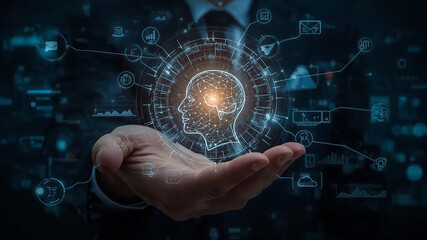 Digital Frontier: A futuristic digital concept, a hand cradles a luminous human head outline, with intricate data streams symbolizing innovation, technology, and the power of the mind. 