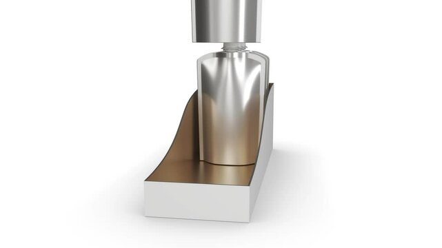 Realistic display box is gradually filled with silver stand-up spouted pouches. 3d animation on white background