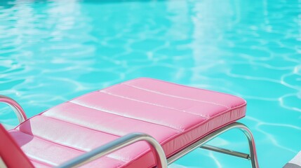 Fototapeta premium Close up of a pink chaise lounge on a pool deck with bright turquoise pool water in the background on a sunny summer day