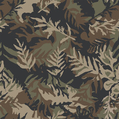 Hand drawn camo with leaf, seamless pattern. Grunge branches and herbs khaki green camouflage background. Distressed texture wallpaper. Fabric design. Ink vector