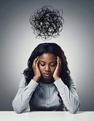 Frustrated Woman Holding Head with Scribble Cloud Above – Mental Health, Anxiety, and Emotional Overwhelm Concept