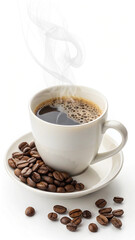 Fototapeta premium Photo of a steaming cup of coffee on a saucer with roasted coffee beans isolated on white background