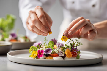 A chef's  hands meticulously arrange microgreens and edible flowers on a gourmet dish using fine-tipped tweezers, demonstrating precision in culinary plating for a luxurious presentation.

