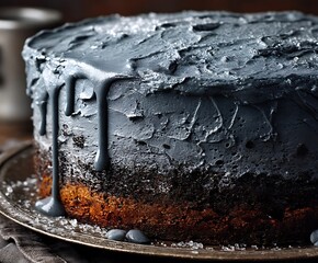 the image showcases a frosted dessert resting on a tarnished metal plate. the cake is layered with a textured, dark toned frosting that has streams running down its side