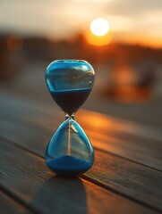 Blue Hourglass on Sunset Wood Table