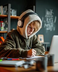 Teen Boy Doing Homework on Computer