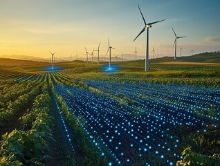 Digital illustration of sustainable energy landscape with wind turbines, solar panels, and AI-enhanced agriculture field. Featuring data streams, blue light patterns, and realistic sky gradient, ideal