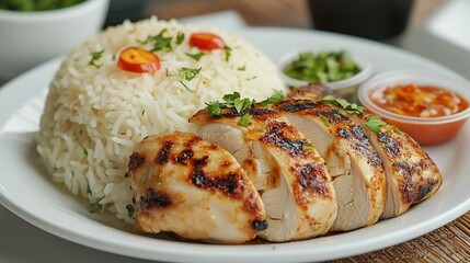 Chicken Rice with Herbs on Ceramic Plate