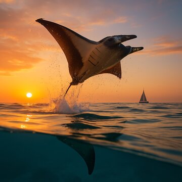 mantarraya diving at sunset on the ocean