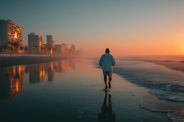 A man running on the beach at sunrise
