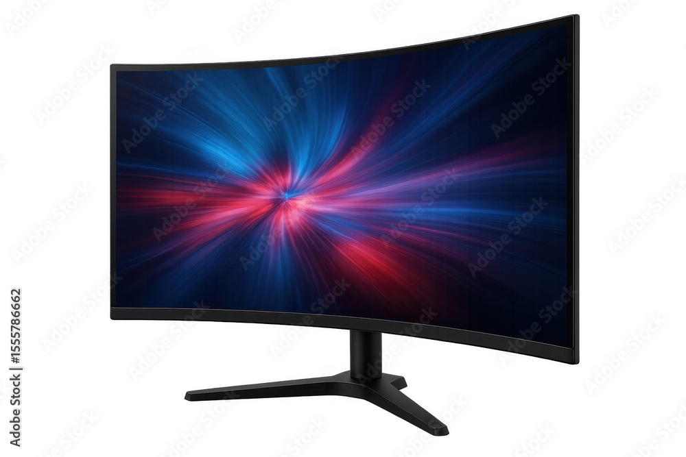 Poster gaming monitor displaying curved design with vibrant blue-red abstract light pattern, floating on tr