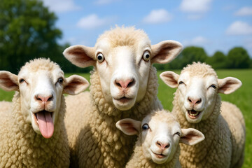 Group of funny sheep making silly faces at the camera, humorous farm scene.
