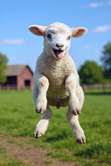 Funny baby lamb jumping mid air with a goofy expression on its face.