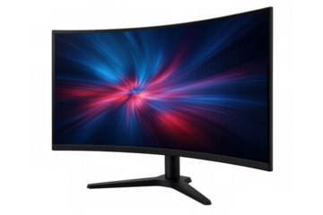 Gaming monitor displaying curved design with vibrant blue-red abstract light pattern, floating on transparent backdrop