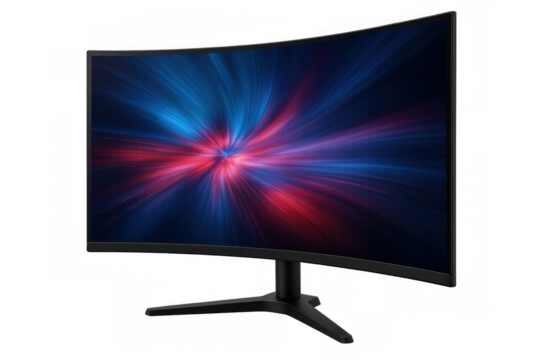 Gaming monitor displaying curved design with vibrant blue-red abstract light pattern, floating on transparent backdrop