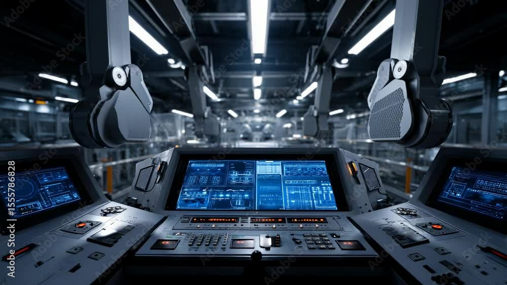 Poster high-tech control room with advanced displays and machinery for automated operations in a modern fac