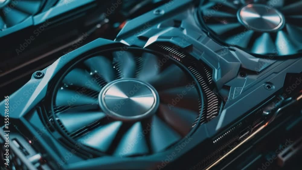 Poster a detailed view of a computer's video card, featuring a cooling fan for efficient heat dissipation