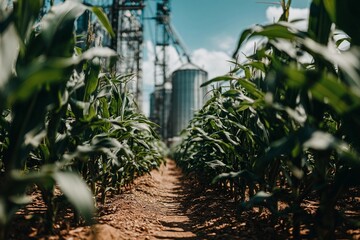 Green corn plants growing in a field near agricultural silos on a sunny day