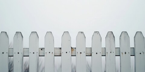 Serene Picket Fence: A classic, clean white picket fence stands strong against a muted, atmospheric sky, exuding a sense of peace and tranquility. 