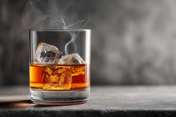 A simple, refreshing smoky amber-hued drink in a rocks glass, filled with large ice cubes, perfect for a clean, minimalist beverage concept.

