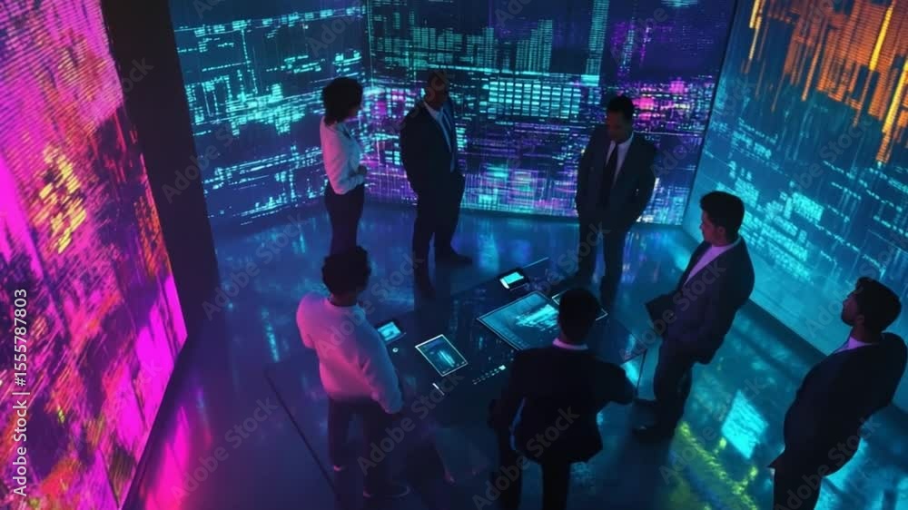 Aufkleber futuristic business meeting with digital screens displaying data analysis and insights