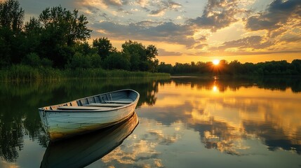 Boat Floating on Calm Reflective River